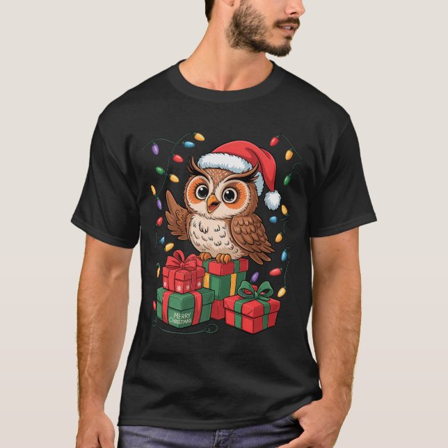 Camiseta Funny Owl Santa Hat Animals Lovers Ugly Christmas  (Frente)