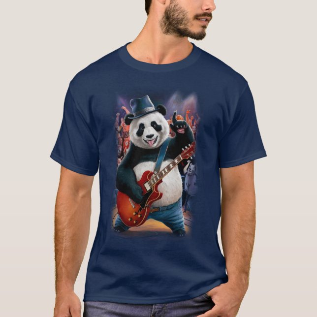 Camiseta Funny Panda plays Rock and Roll on a Dark Blue (Frente)