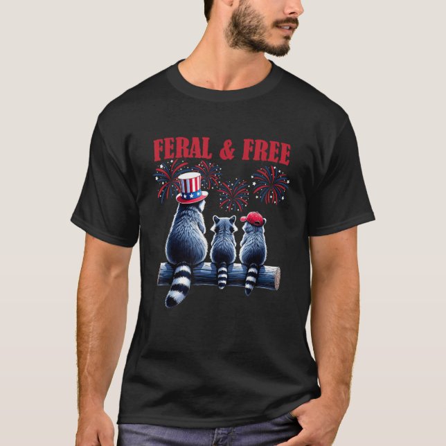 Camiseta Funny Patriotic Racoon Feral e Livre 4 de julho (Frente)