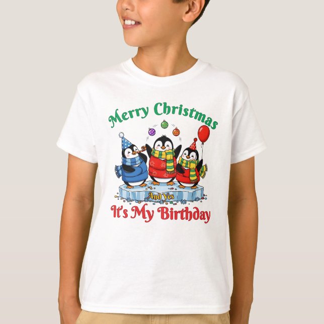 Camiseta Funny Penguins, Merry Christmas Birthday (Frente)