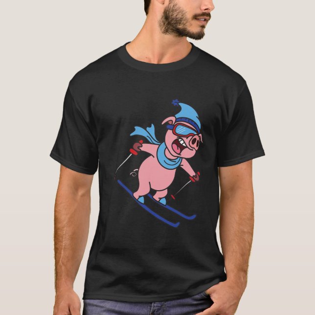 Camiseta Funny Pig Go Skiing Design Gift Winter Holidays  (Frente)