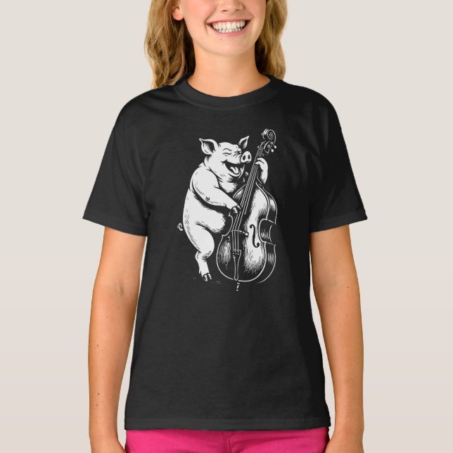 Camiseta funny pig plays double bass in jazz band  (Frente)