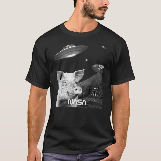 Camiseta Funny Pig Selfie With Alien UFO Spaceship Funny Pi (Frente)