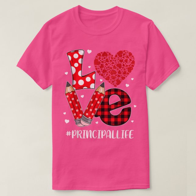 Camiseta Funny Plaid Heart LOVE Principal Valentine Day Chr (Frente do Design)
