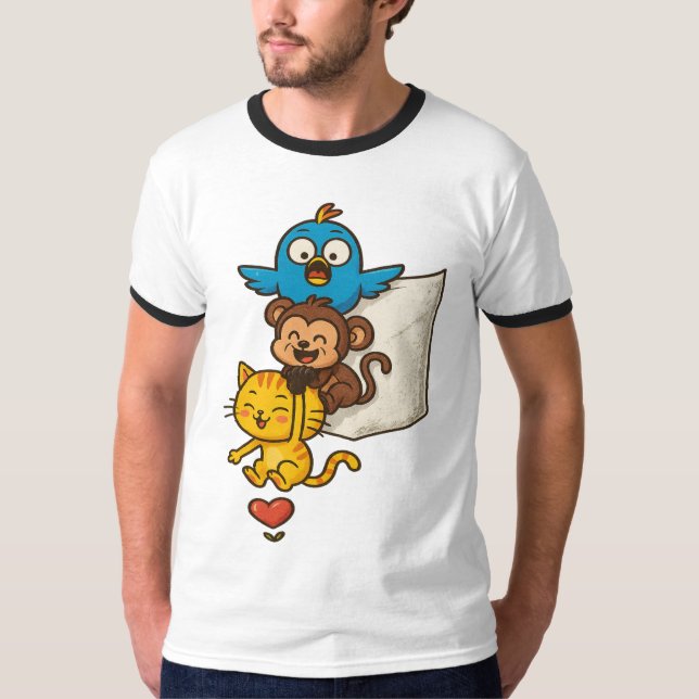 Camiseta Funny Pocket Cartoon Trio – Cute Hanging T-Shirt (Frente)