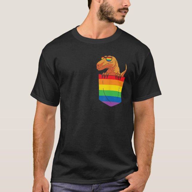 Camiseta Funny Pocket dinosaur LGBT Animal Rainbow Flag Gay (Frente)