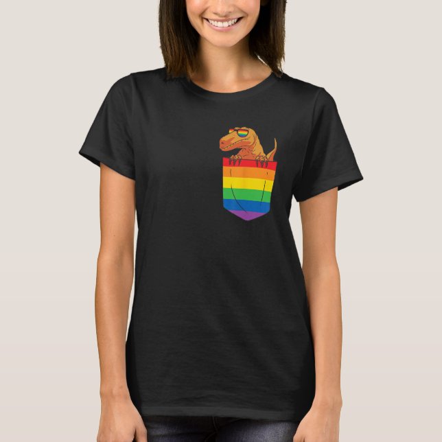 Camiseta Funny Pocket dinosaur LGBT Animal Rainbow Flag Gay (Frente)