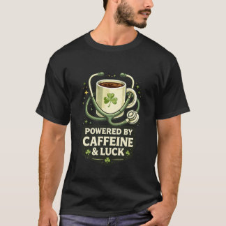 Camiseta Funny Powered By Caffeine And Luck Coffee Clover