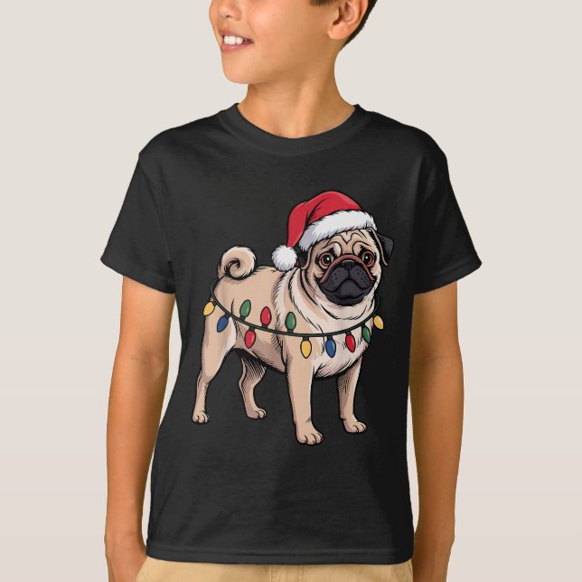 Camiseta Funny Pug Christmas Santa Hat Xmas Lights  (Frente)