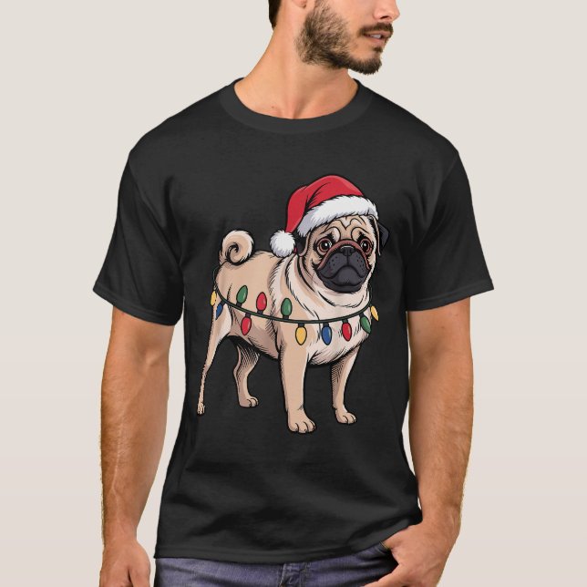 Camiseta Funny Pug Christmas Santa Hat Xmas Lights  (Frente)