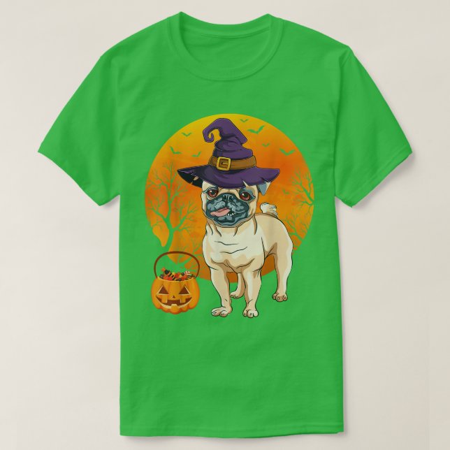 Camiseta Funny Pug Moon Halloween Witch Hat Pug Dog Owner L (Frente do Design)