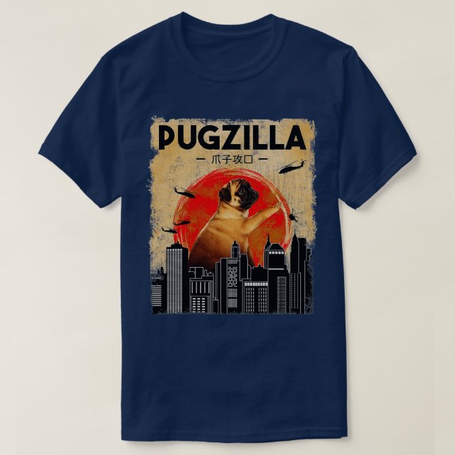 Camiseta Funny Pug Tshirt Pugzilla Tshirt Funny Dog Puggiga (Frente do Design)