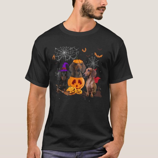 Camiseta Funny Pumpkin Witch Dachshund Matching Dog Hallowe (Frente)