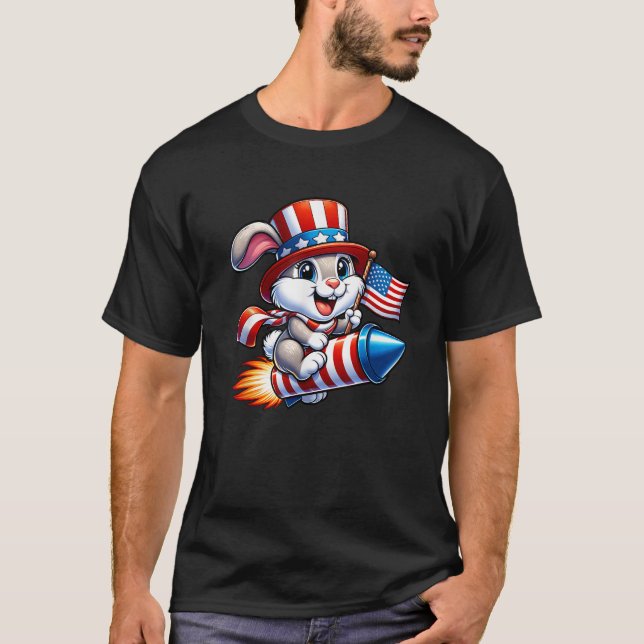 Camiseta Funny Rabbit 4 de julho American Flag Fireworks (Frente)
