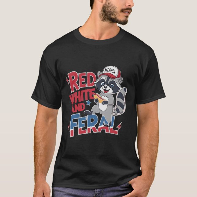 Camiseta Funny Raccoon Red White E Feral Patriótico Dos EUA (Frente)