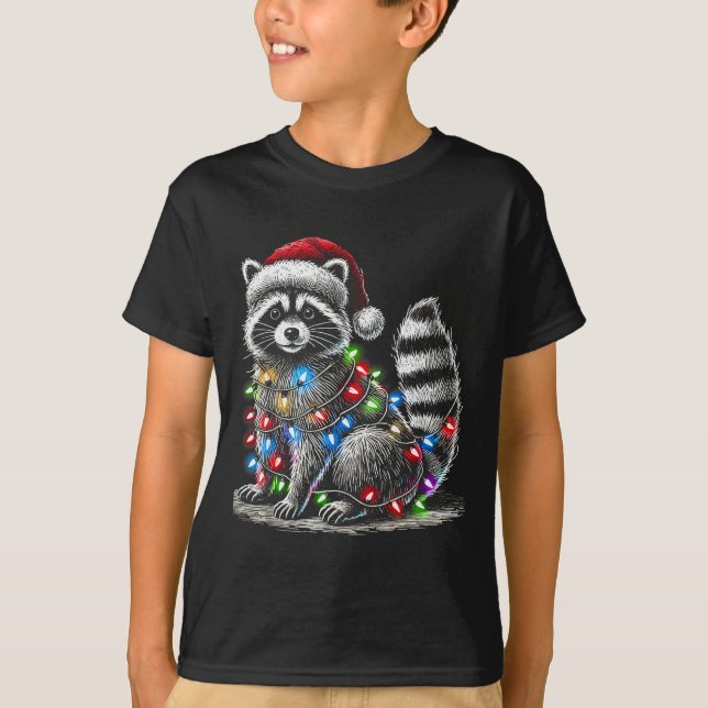Camiseta Funny Raccoon Santa Hat Christmas Tree Lights Paja (Frente)