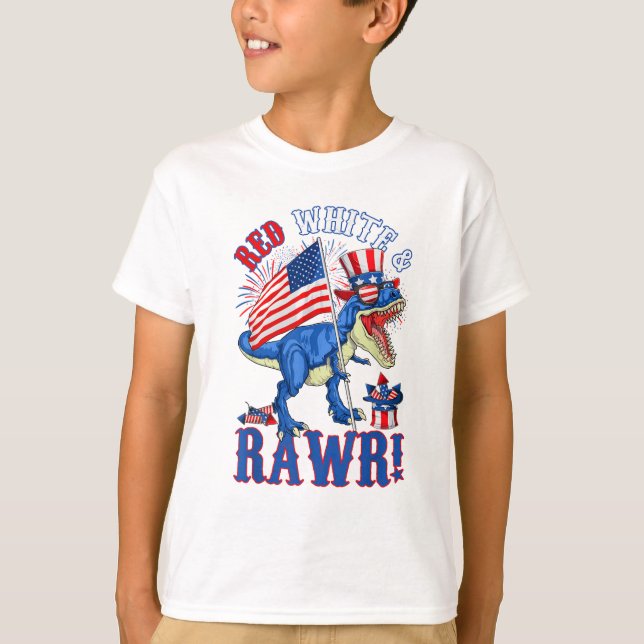 Camiseta Funny Red White & Rawr T Rex USA Flag 4 De Julho (Frente)