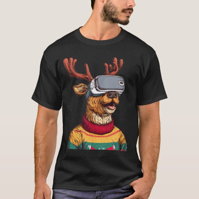 Camiseta Funny Reindeer In Christmas Sweater And Vr Headset (Frente)