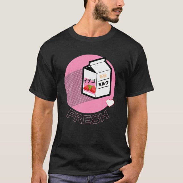 Camiseta Funny Retro 90S Japonês Kawaii Strawberry Milk Sh (Frente)