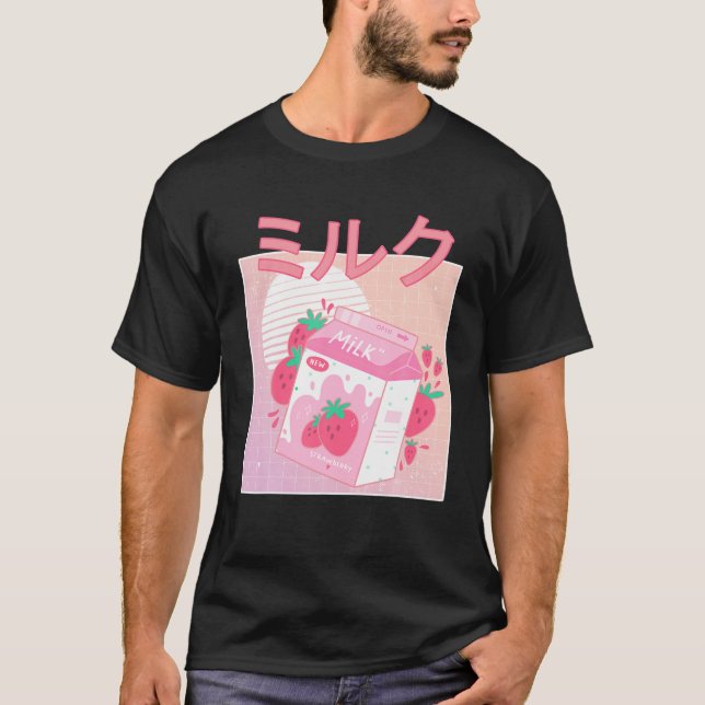 Camiseta Funny Retro 90S Japonês Kawaii Strawberry Milk Sh (Frente)
