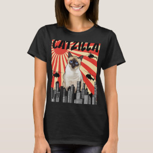 Camiseta Funny Retro Japonês Catzilla Siamese Cat