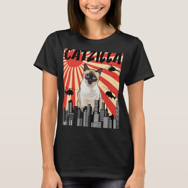 Camiseta Funny Retro Japonês Catzilla Siamese Cat (Frente)