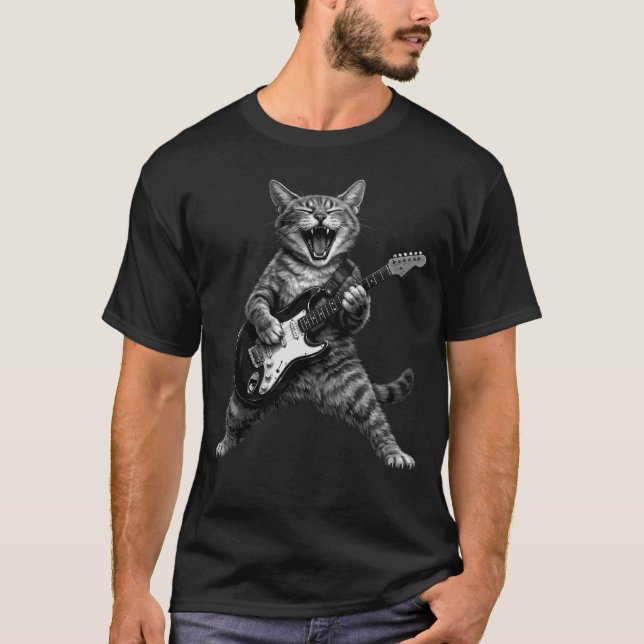 Camiseta Funny Rock and Roll Cat Playing Electric Guitar (Frente)