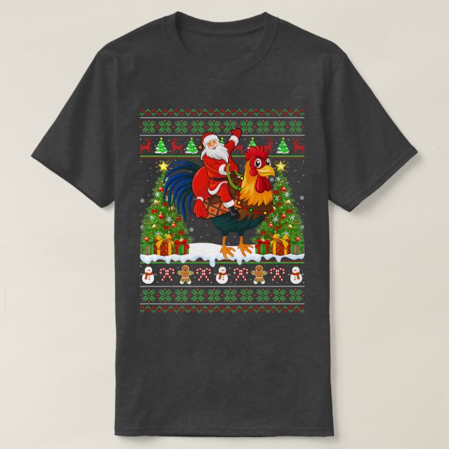 Camiseta Funny Rooster Bird Lover Ugly Santa Riding Rooster (Frente do Design)