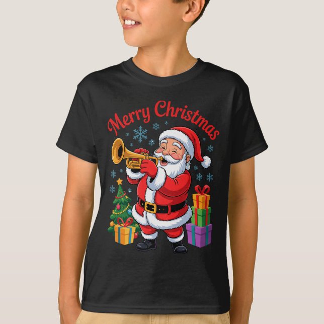 Camiseta Funny Santa Christmas Design Trumpet Holiday Xmas  (Frente)