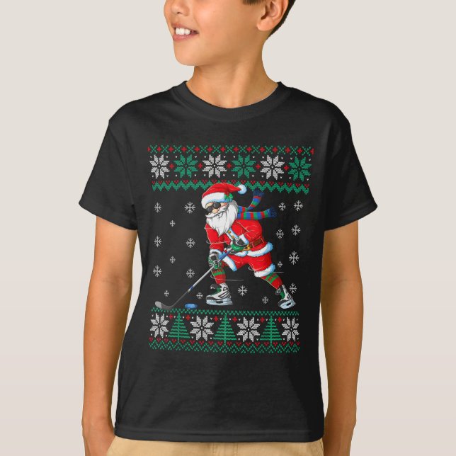 Camiseta Funny Santa Claus Christmas Ice Hockey Ugly Sweate (Frente)