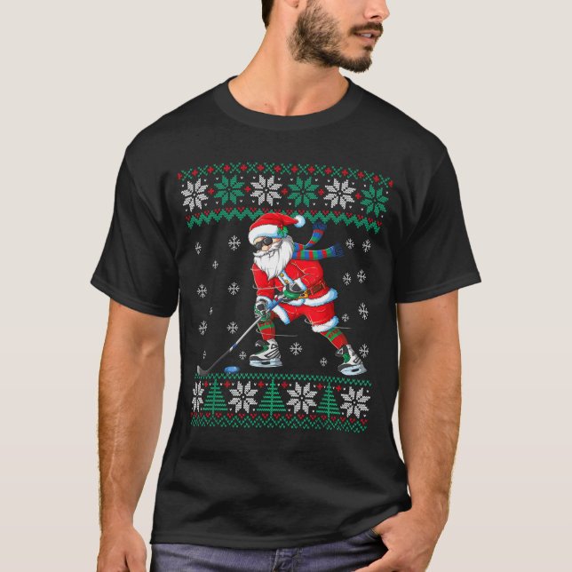 Camiseta Funny Santa Claus Christmas Ice Hockey Ugly Sweate (Frente)