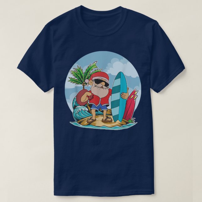 Camiseta Funny Santa Claus surfando Verão Natal Havaiano (Frente do Design)