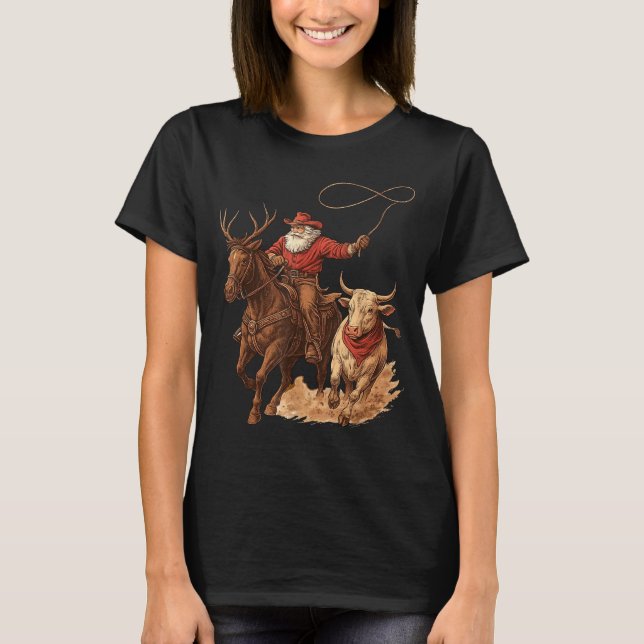 Camiseta Funny Santa Cowboy Rodeo Reindeer Western Horse Ro (Frente)