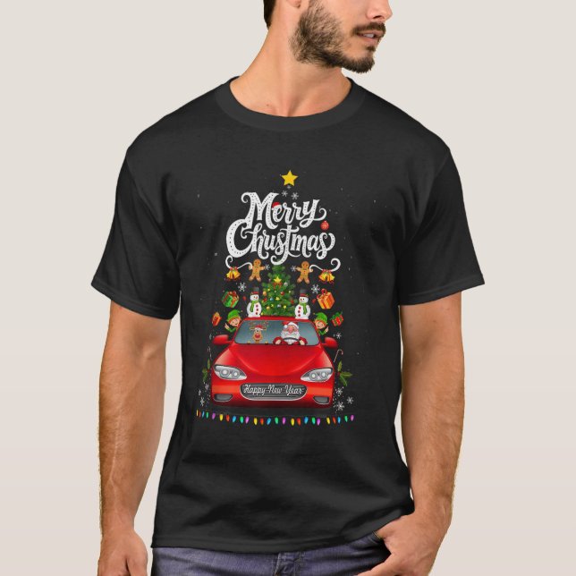 Camiseta Funny Santa Driving Wagon Red Truck Christmas Tree (Frente)