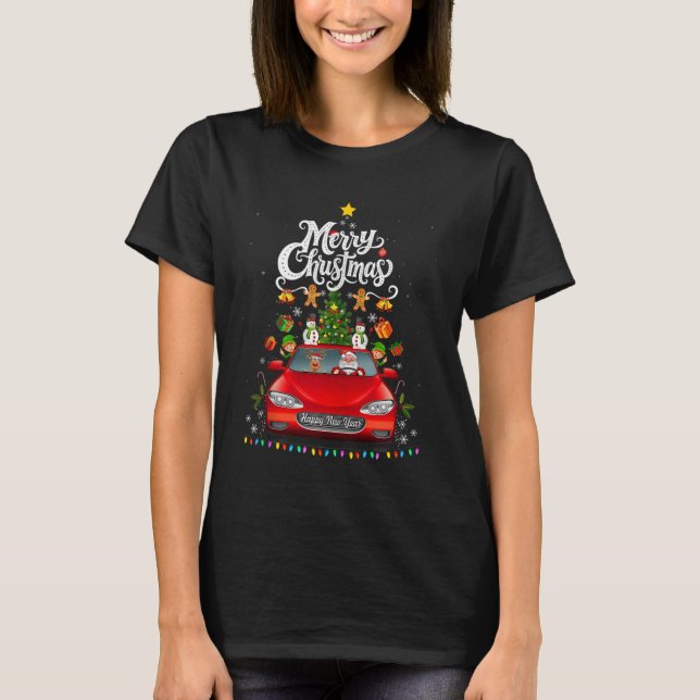 Camiseta Funny Santa Driving Wagon Red Truck Christmas Tree (Frente)