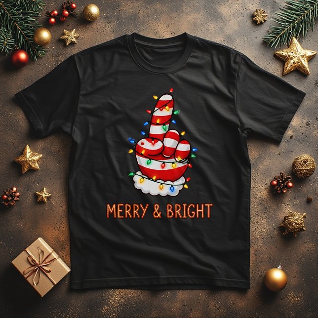 Camiseta Funny Santa Finger  in Christmas Lights  (Criador carregado)