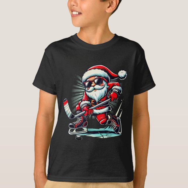 Camiseta Funny Santa Playing Ice Hockey Lovers Boys Girls C (Frente)