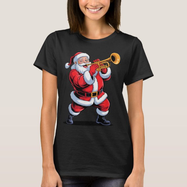 Camiseta Funny Santa Playing Trumpet Holiday Chrismas Xmas  (Frente)