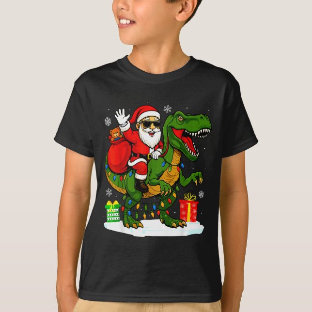 Camiseta Funny Santa Riding Dinosaur T Rex Christmas Santa  (Frente)