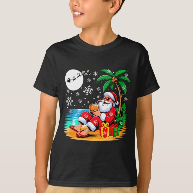 Camiseta Funny Santa Sungles Drinking Coconut On Beach Chri (Frente)