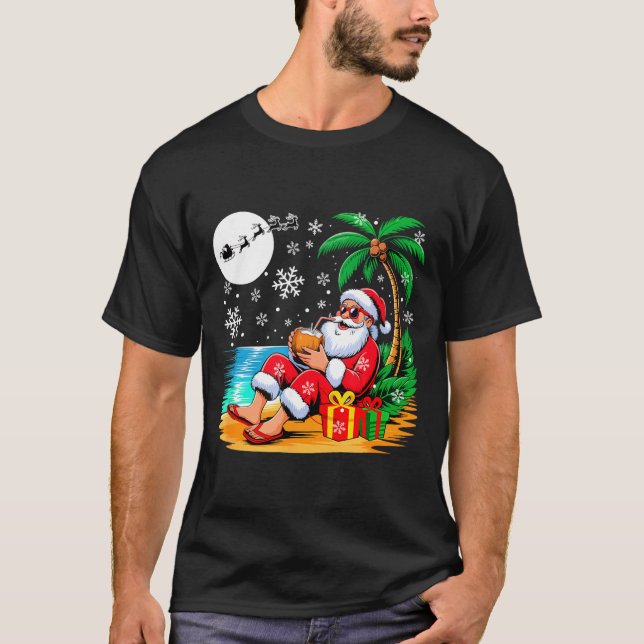 Camiseta Funny Santa Sungles Drinking Coconut On Beach Chri (Frente)