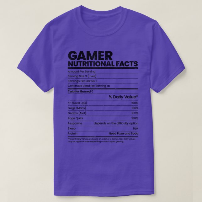 Camiseta Funny Sarcastic Gamer Nutritional Facts Cool Video (Frente do Design)