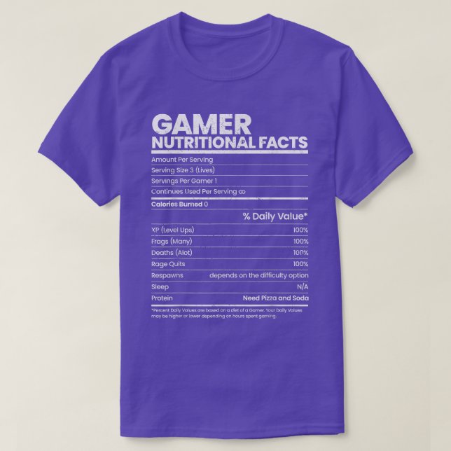 Camiseta Funny Sarcastic Gamer Nutritional Facts Cool Video (Frente do Design)