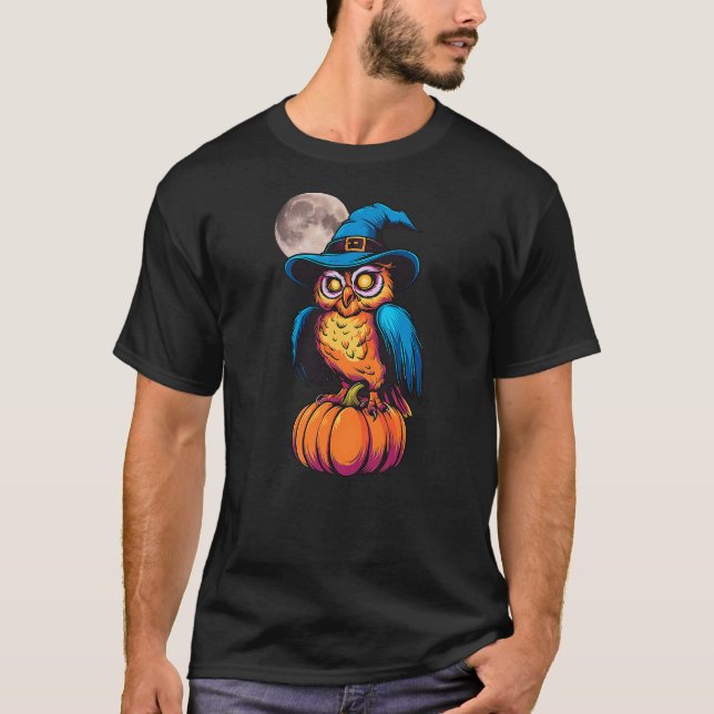 Camiseta Funny Scary Owl Witch Hat Pumpkin Halloween Owl Lo (Frente)