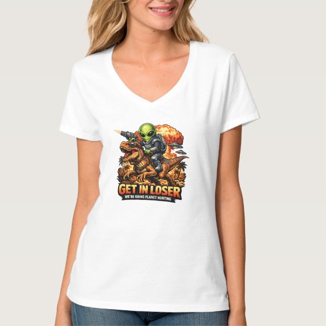 Camiseta Funny Sci-Fi Fantasy Meme Art, Alien Riding Dinosa (Frente)