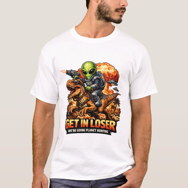 Camiseta Funny Sci-Fi Fantasy Meme Art, Alien Riding Dinosa (Frente)