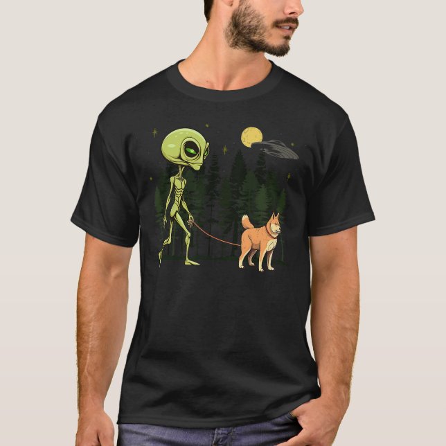 Camiseta Funny Shiba INu Alien Walking UFO Pet Dog Mom Dad (Frente)