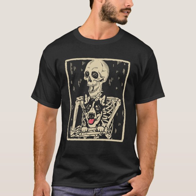 Camiseta Funny Skeleton abraça o cão australiano (Frente)