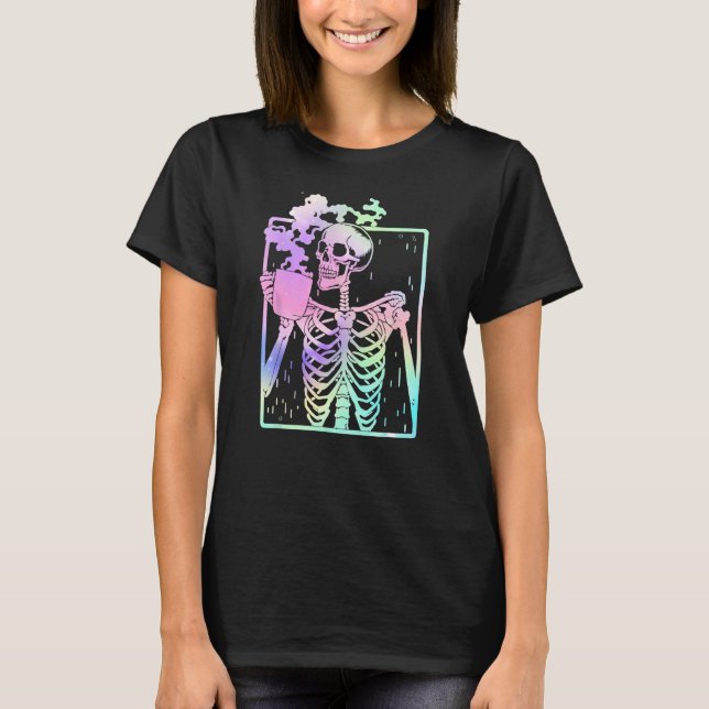 Camiseta Funny Skeleton Bebendo Cafeína Cafeína Café B (Frente)