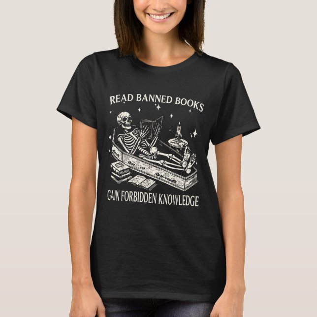 Camiseta Funny Skeleton Read Banned Books Gain Forbidden Kn (Frente)